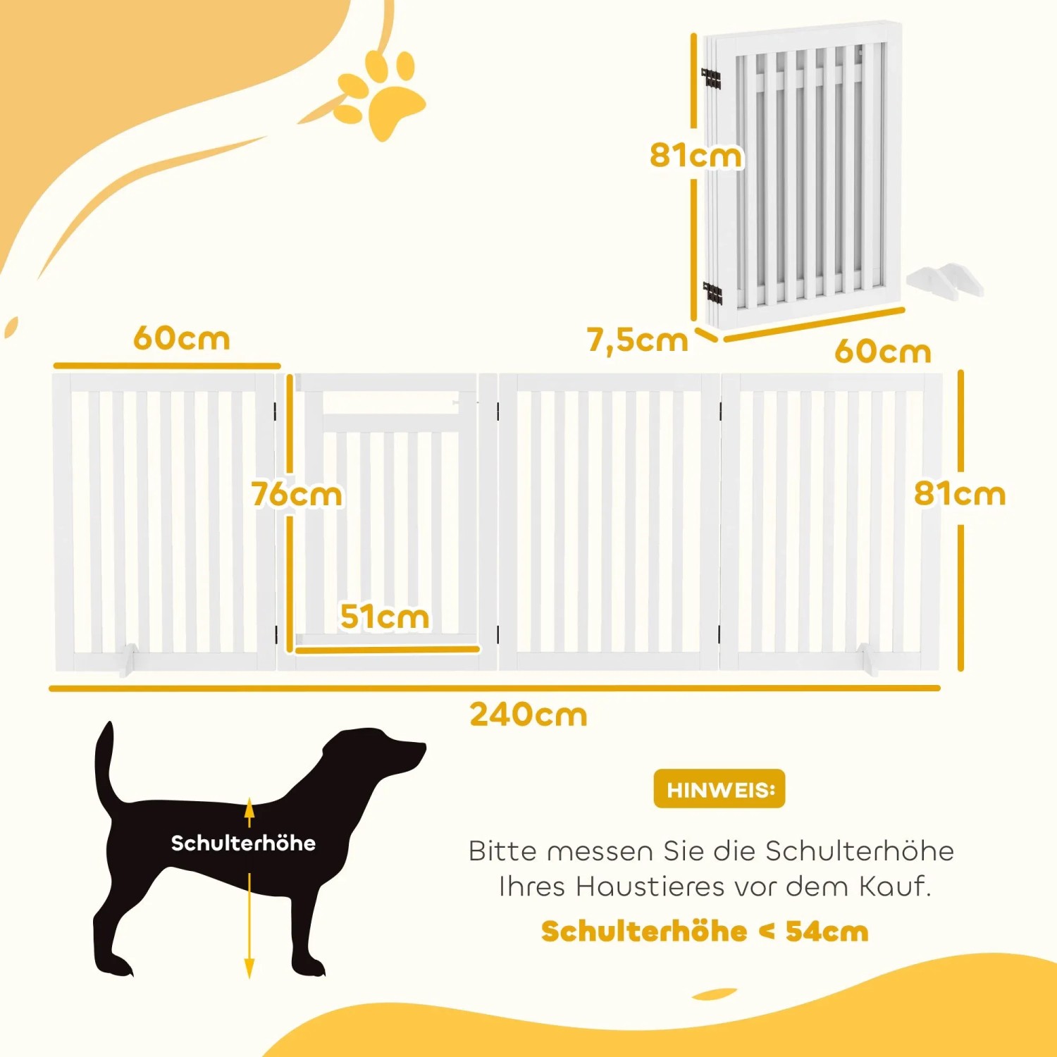 Weißes PawHut Sicherheitsgitter für Tiere, faltbar, 4 Paneele, 81 cm hoch, mit Tür und Stützfüßen. Maße 240x81 cm.