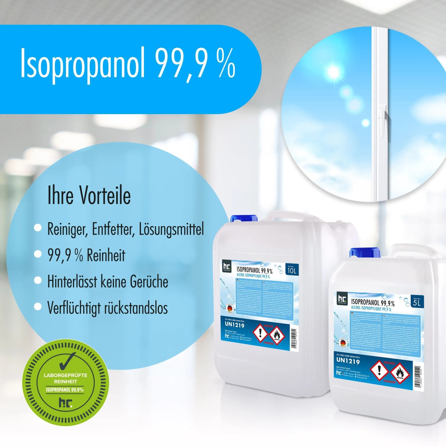 Kanister mit Höfer Chemie Isopropanol 99,9% (5l) für Reinigung und Desinfektion.