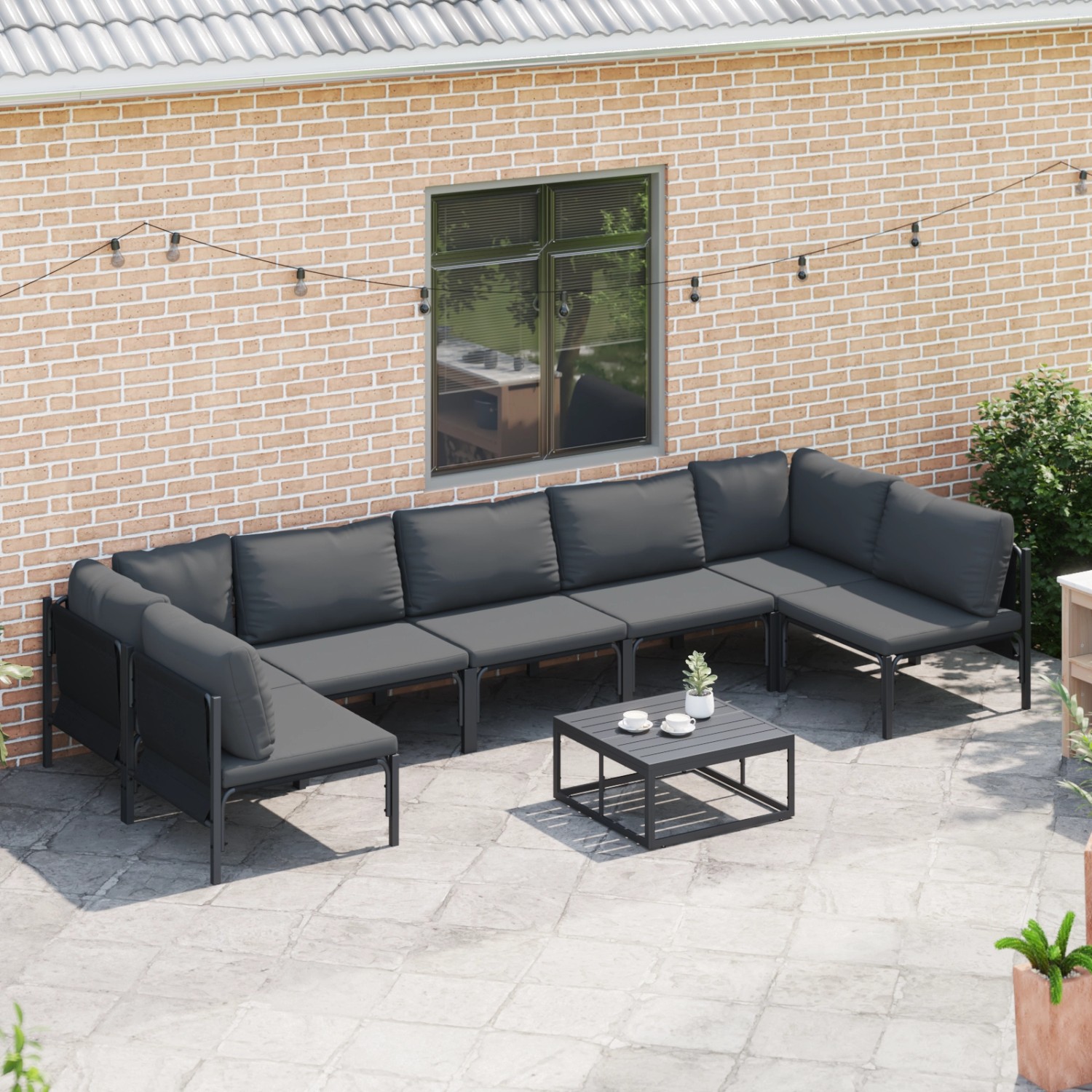Anthrazitfarbenes 7-teiliges Garten-Sofa-Set aus Stahl von vidaXL mit Tisch und bequemen Sitzkissen.