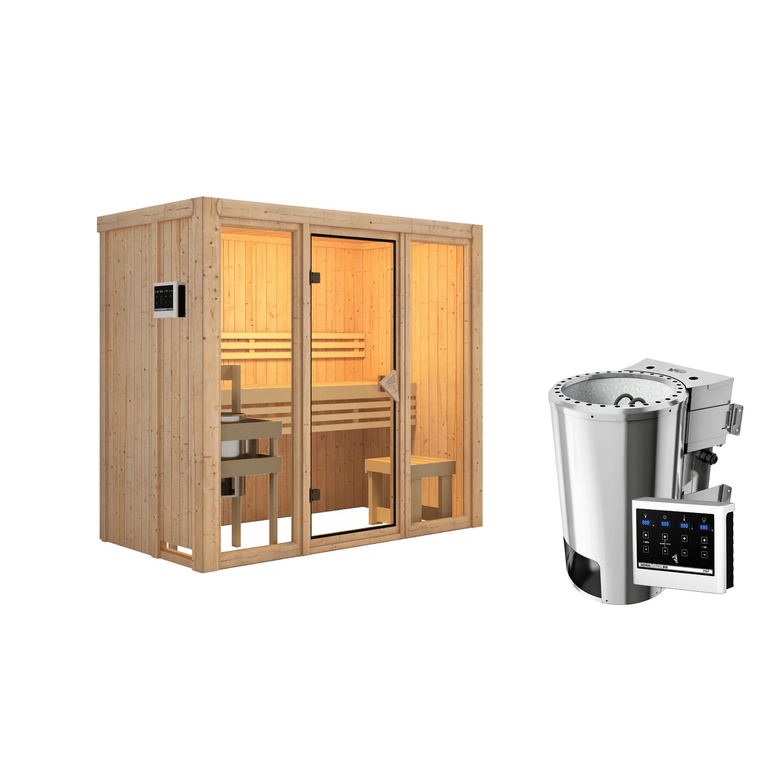 Karibu Sauna Sky 2 Naturbelassen mit Ofen 3,6 kW Bio ext. Steuerung günstig online kaufen