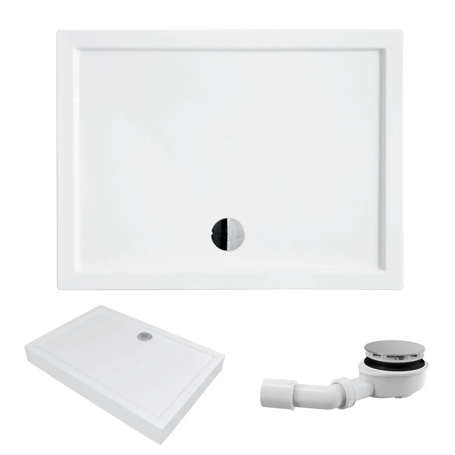 KOLMAN DUSCHWANNE Rechteckig Weiß 100x80 cm Set mit Ablaufgarnitur und Füßen