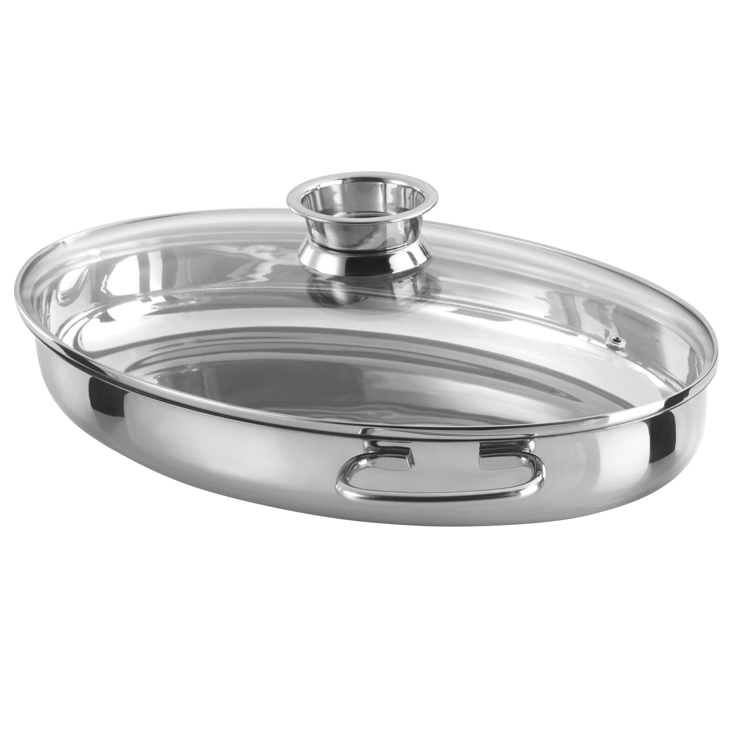 GSW Edelstahl Multibräter oval 38 cm mit glänzendem Korpus, Glasdeckel und Aromaknopf. Für alle Herdarten, auch Induktion.