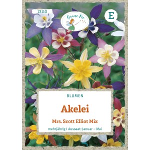 Akelei Mrs. Scott Elliot Mix Saatgut: Blüten in verschiedenen Farben auf der Verpackung.