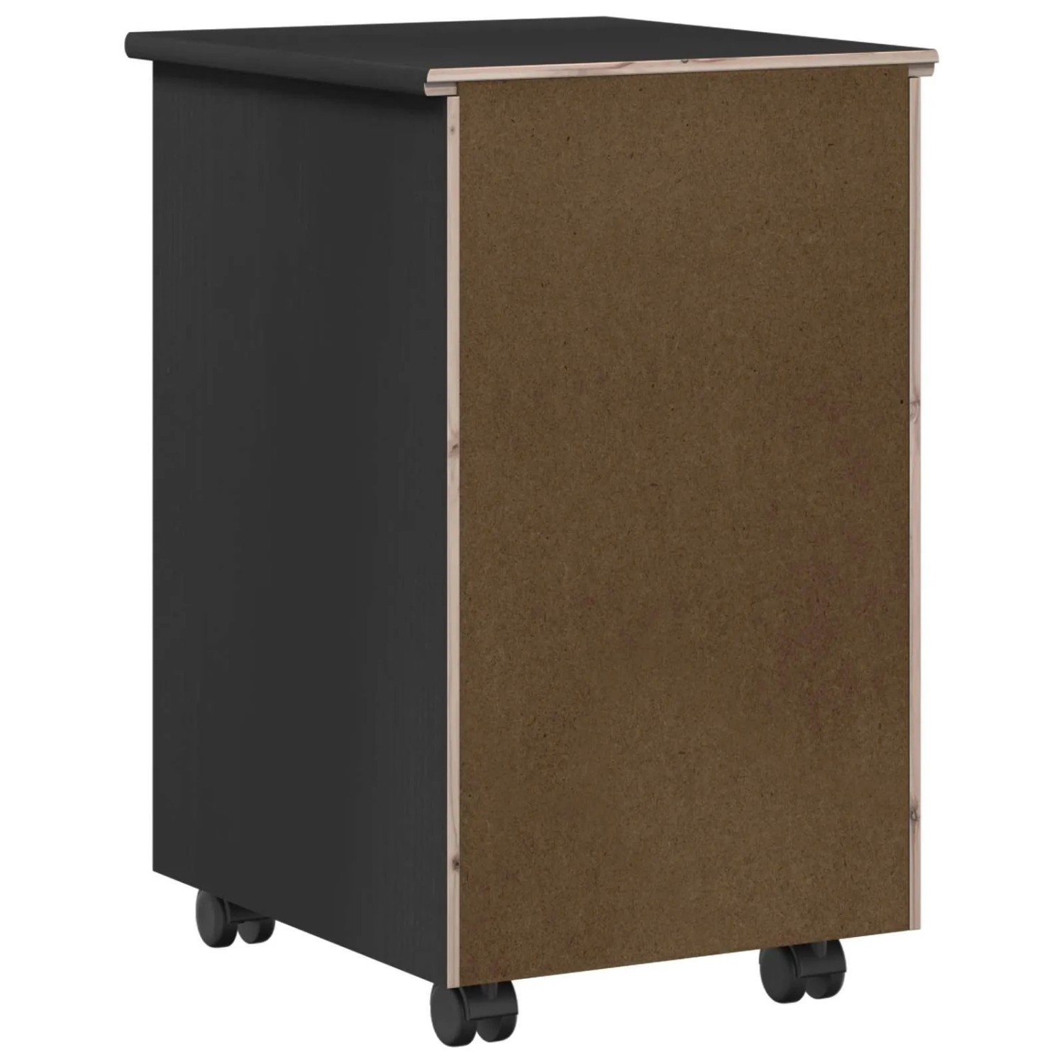 Schwarzer vidaXL Rollschrank aus Kiefernholz, 34x39x56cm, mit 4 Schubladen und Rollen.
