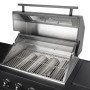 Detailaufnahme der Buschbeck Outdoorküche Dublin Schwarz mit geöffnetem Grill und Edelstahl-Grillrost.