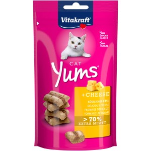 Vitakraft Cat Yums Käse, Katzensnack mit Käsefüllung im pinken Beutel.