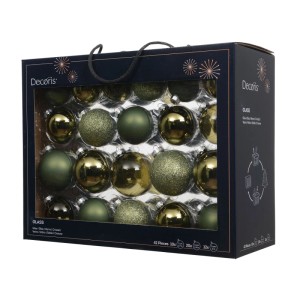 42 Decoris Glas-Weihnachtskugeln in Rosmarin-Grün Mix, glänzend, matt und glitzernd, in Verpackung.