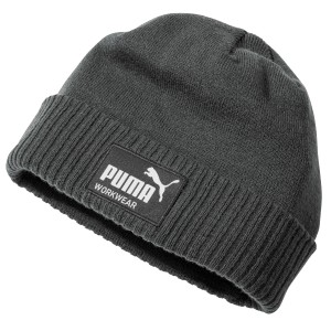 Graue Puma Workwear Strickmütze Champ mit Fleece-Einsatz und Logo.