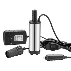 Wiltec Mini Tauchpumpe aus Edelstahl für Wasser & Dieselöl, 12V, mit Netzteil und Kfz-Adapter.
