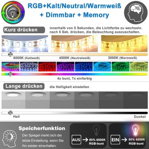 Produktbild: Aica Badspiegel 120x70 cm mit RGB-Hintergrundbeleuchtung, dimmbar und Memory-Funktion.