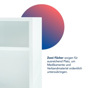 Detailansicht: Weißer First Aid Only Medizinschrank mit 2 Fächern.