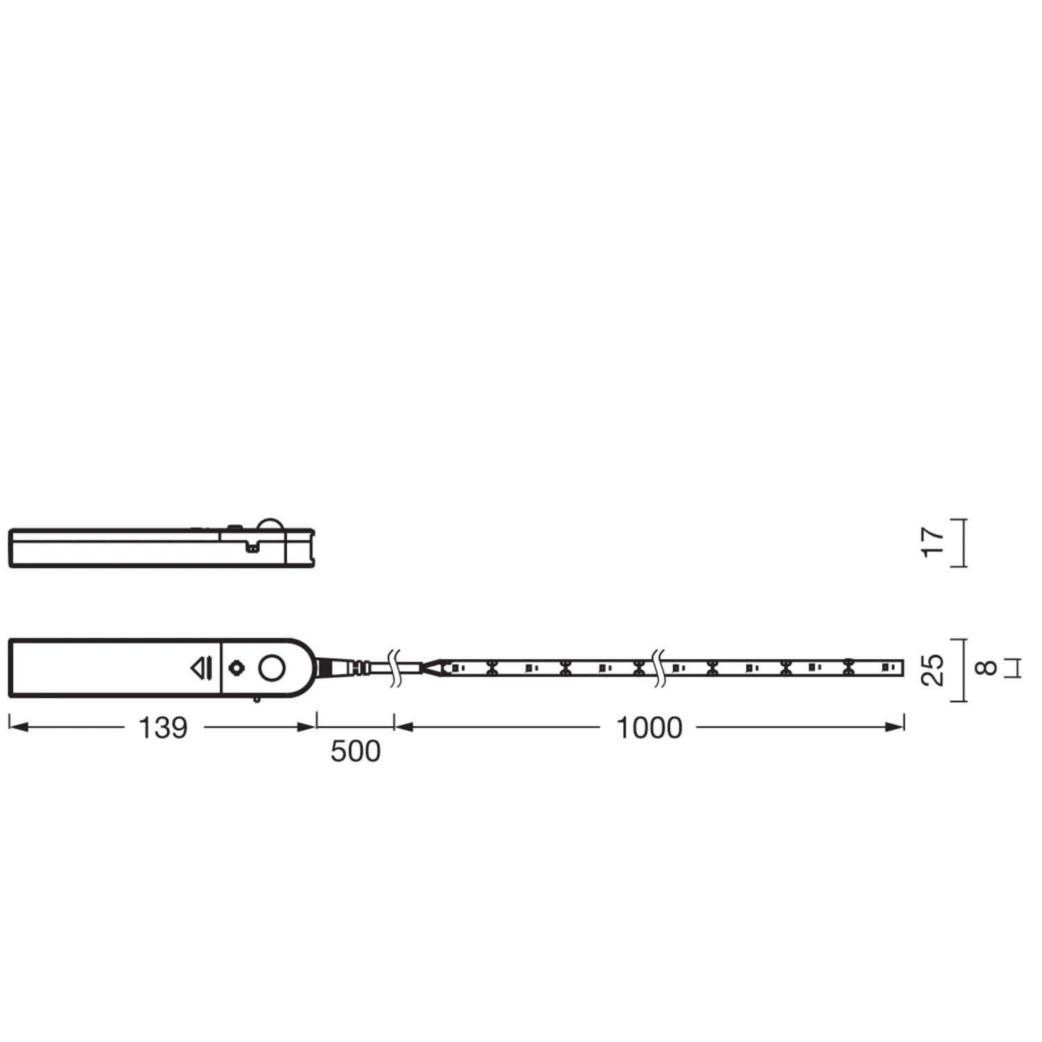 Technische Zeichnung eines Ledvance LED-Streifen Flex mit Sensor, batteriebetrieben, 100 cm lang.