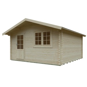 Unbehandeltes Kiehn-Holz Gartenhaus KH 44-026, 390x390 cm, mit Tür und Fenster.