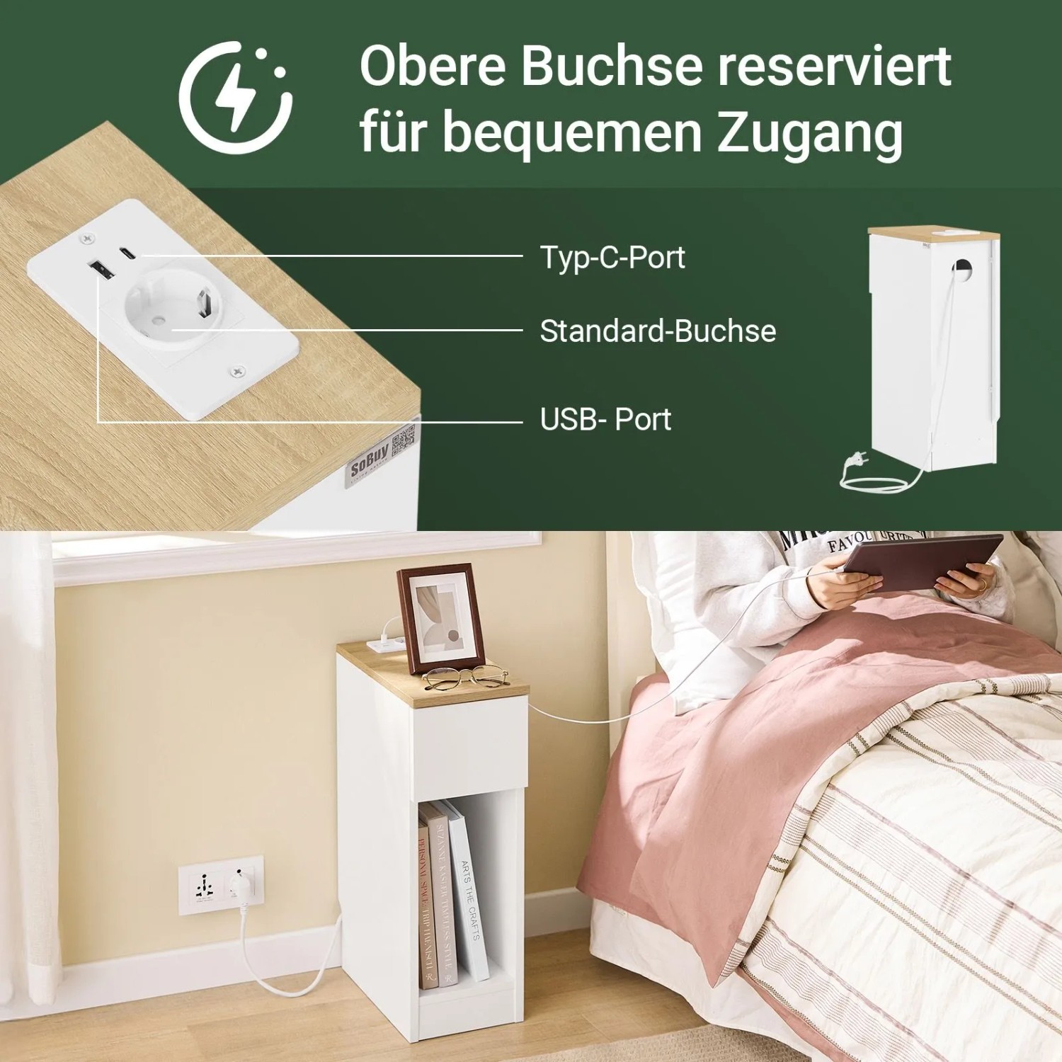 Schmaler weißer Nachttisch mit Holzplatte, Ladestation (Steckdose, USB, Typ C), Schublade und Fach am Bett.
