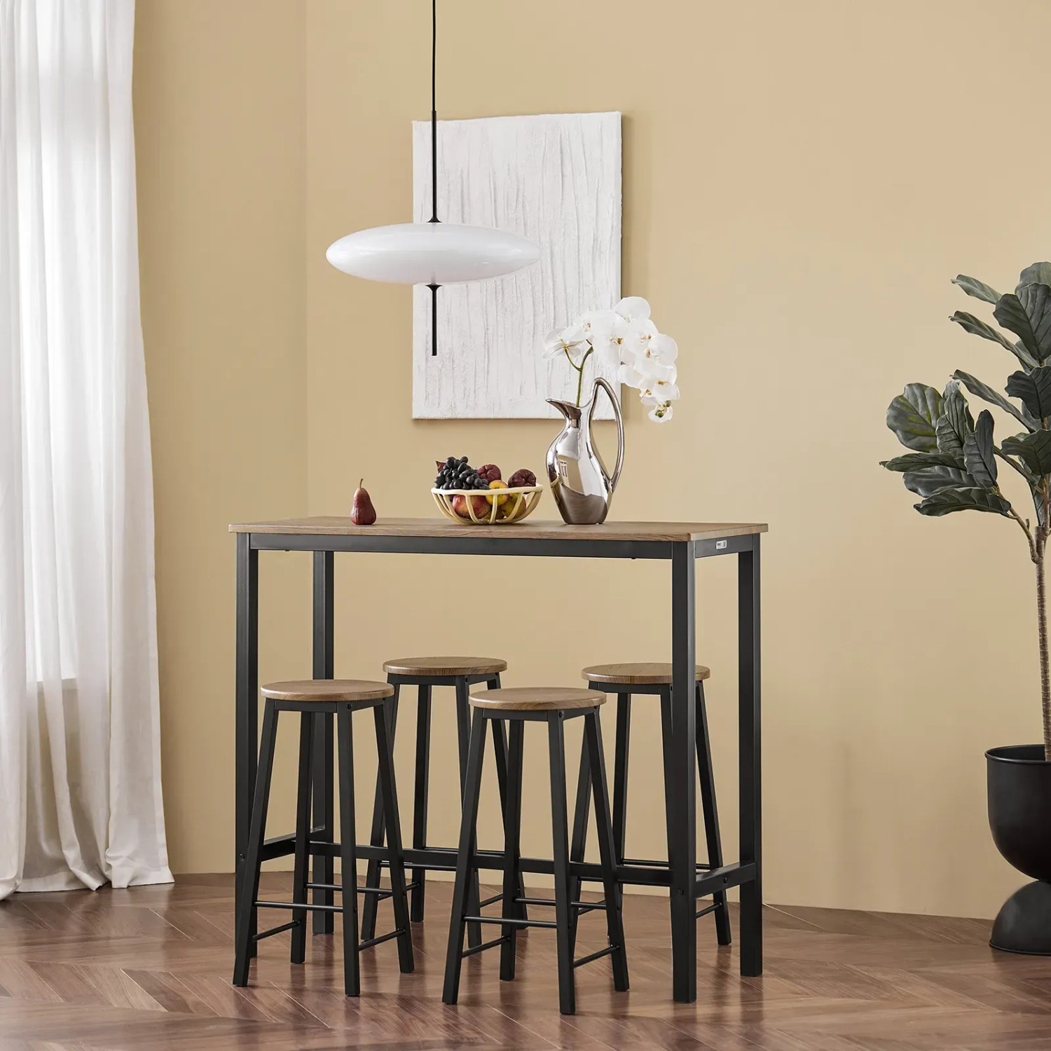 SoBuy Bartisch-Set OGT22-SCH mit 4 Hockern, Holz/Metall, natur/schwarz. Ideal für Küche, Bar oder Partyraum.
