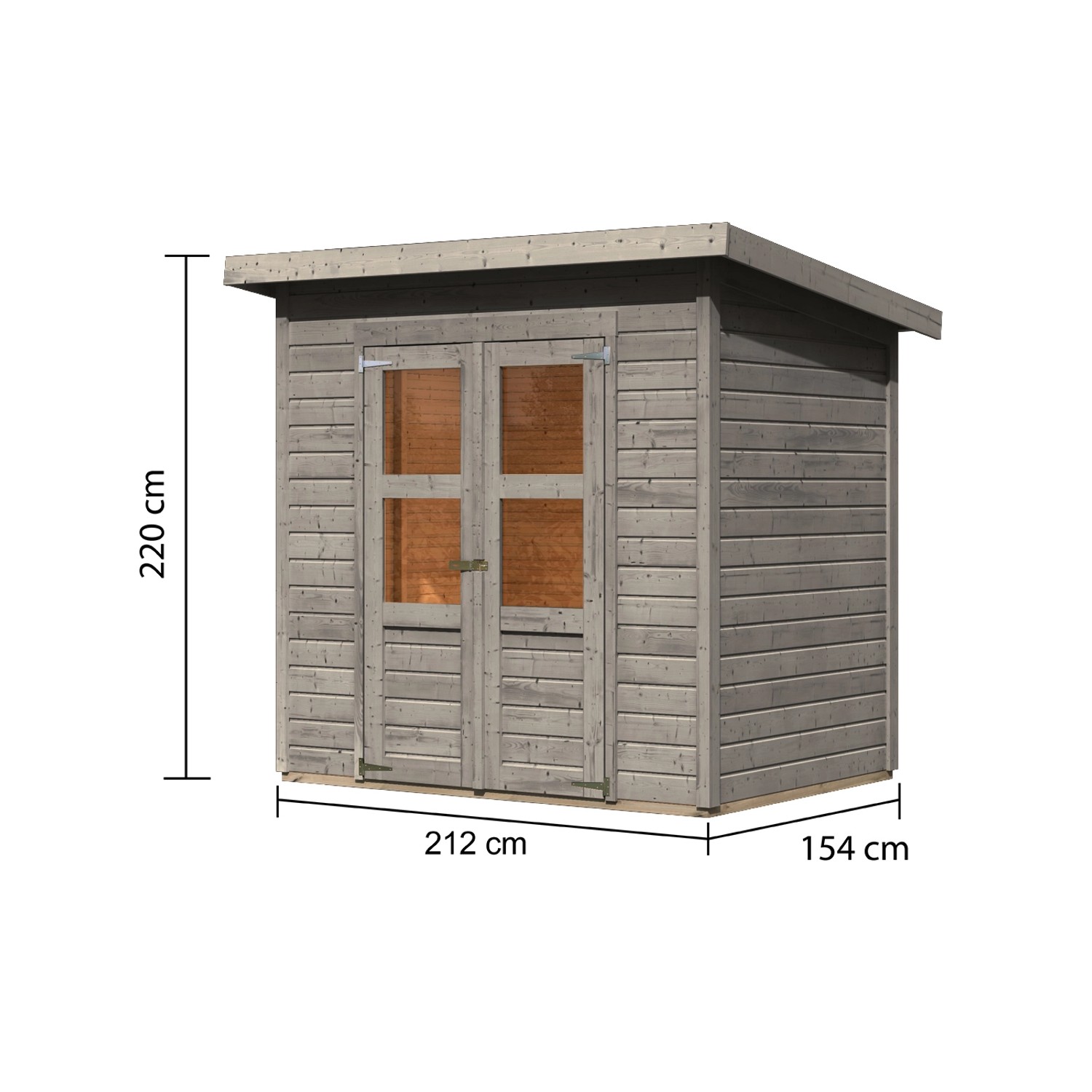 Karibu Gartenhaus Vellinge 3, vorvergraut, mit Doppeltür und Pultdach. Abmessungen: 219 x 208 x 150 cm.