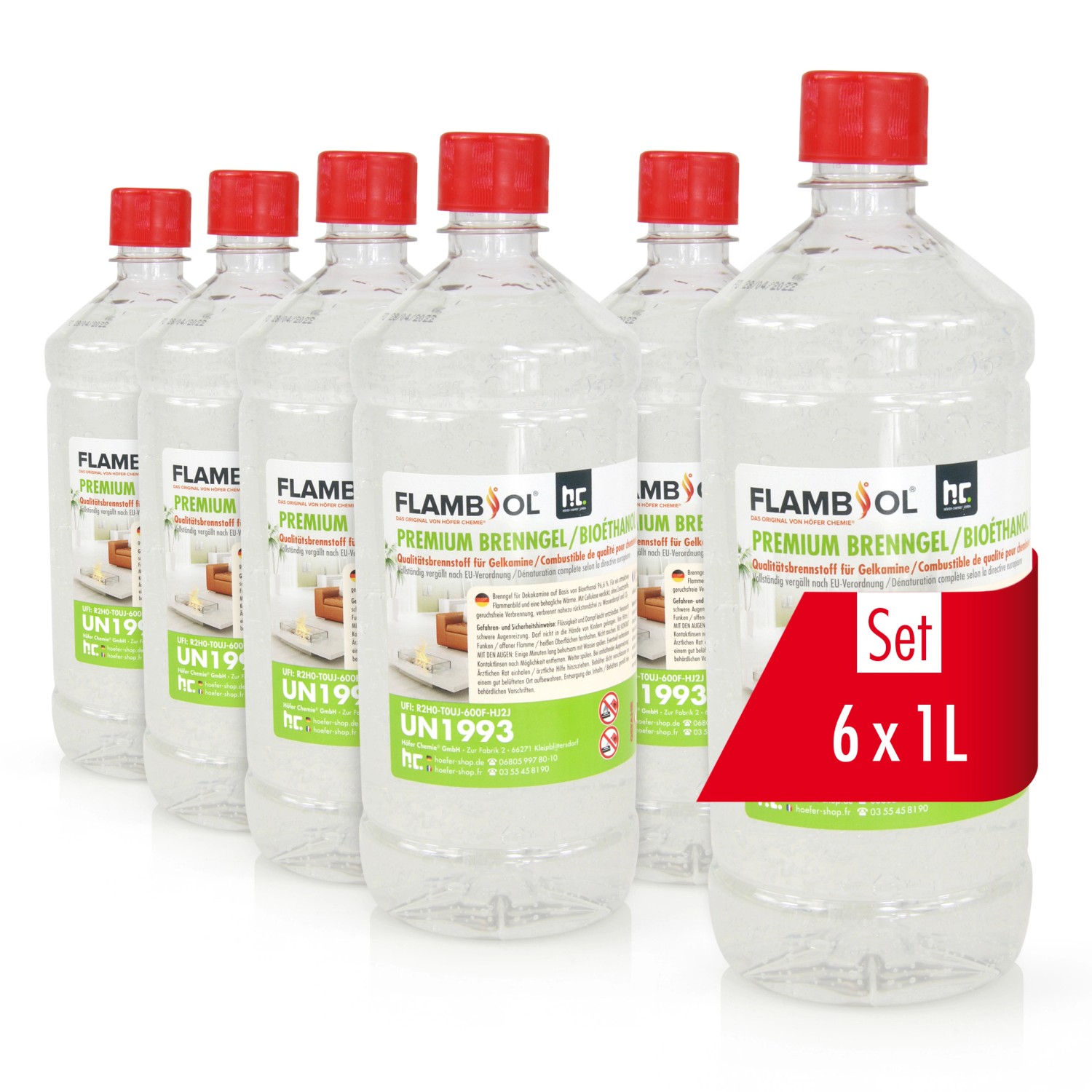 6er-Set Flambiol Premium Brenngel, 1 Liter Flaschen für Kamine und Öfen.