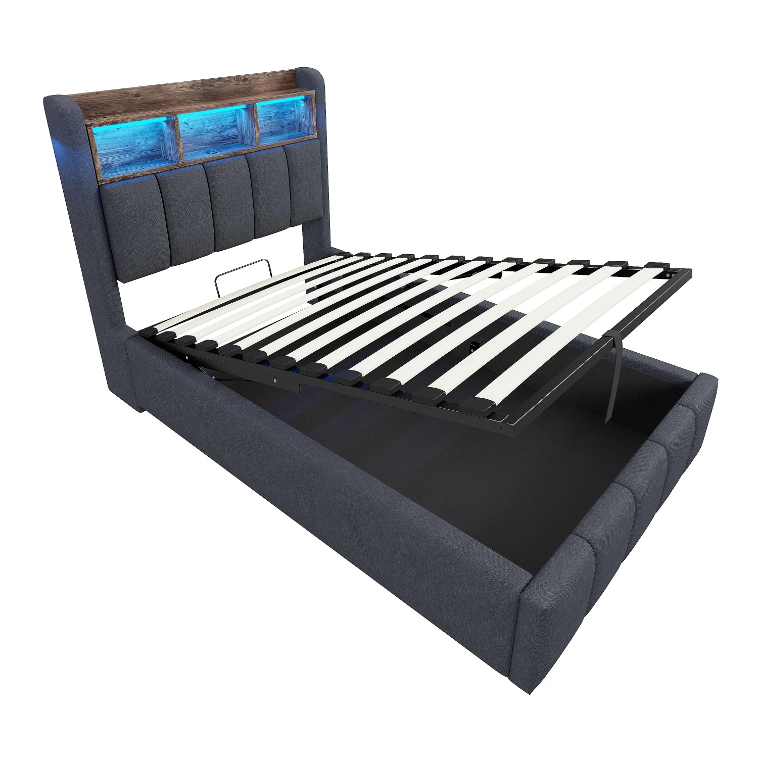 Merax Kinderbett 90x200cm LED USB Hydraulik Leinen Grau