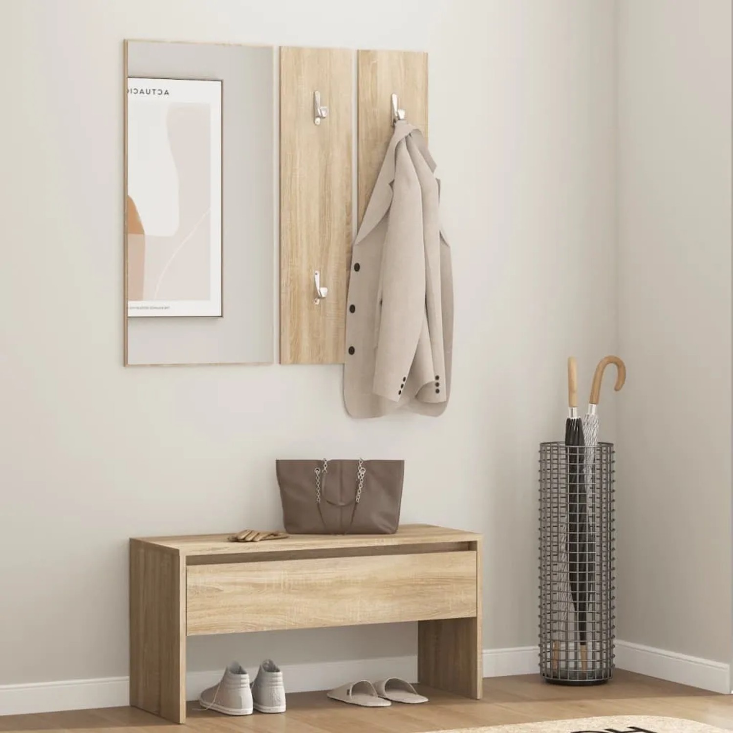 vidaXL Flurmöbel-Set in Sonoma-Eiche mit Bank, Spiegel und Garderobe.