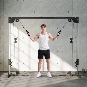 Schwarze SPORTNOW Kabelzugstation aus Stahl mit trainierender Person. Ideal für vielseitiges Krafttraining.
