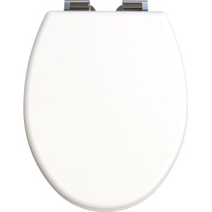 Weißer Toilettensitz Plima mit Absenkautomatik und Holzkern, Ansicht von oben.