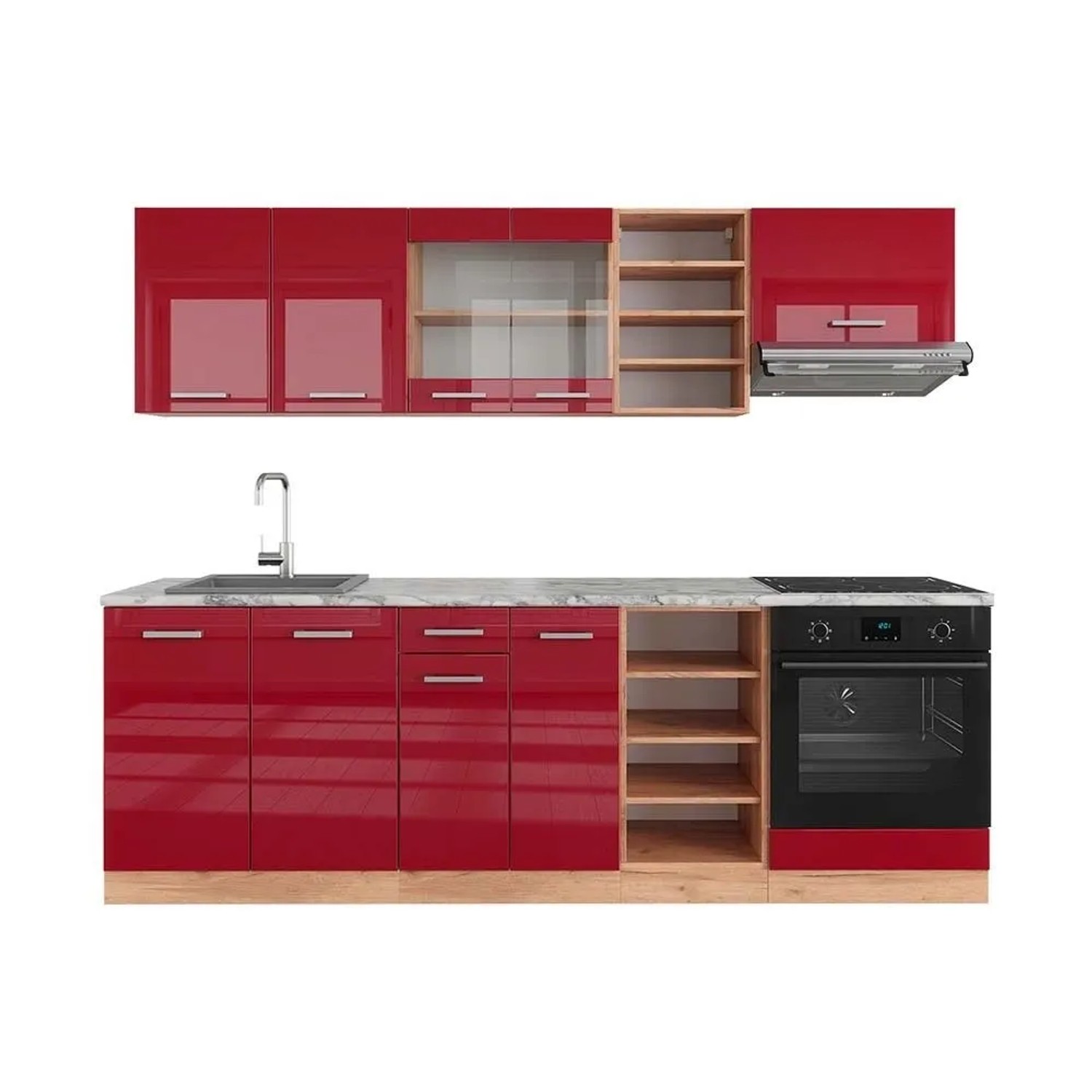 Vicco R-Line Küchenzeile Bordeaux Hochglanz Goldkraft Eiche 240 cm AP Marmor ohne E-Geräte