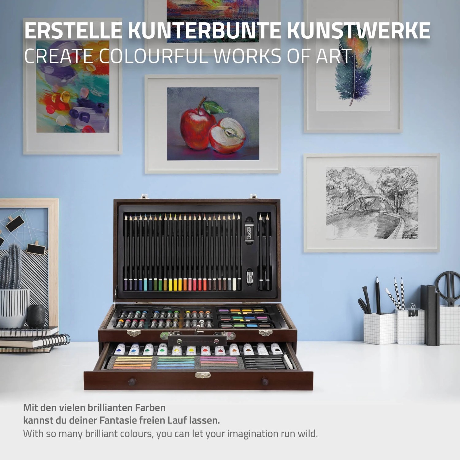 ECD Germany Malkoffer, 112-teilig, Holz, mit Farbstiften, Farben und Zubehör zum Zeichnen und Malen.
