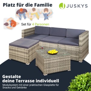 Juskys Polyrattan Lounge Punta Cana M, grau meliert, mit Sofa, Hocker und Tisch für den Garten.