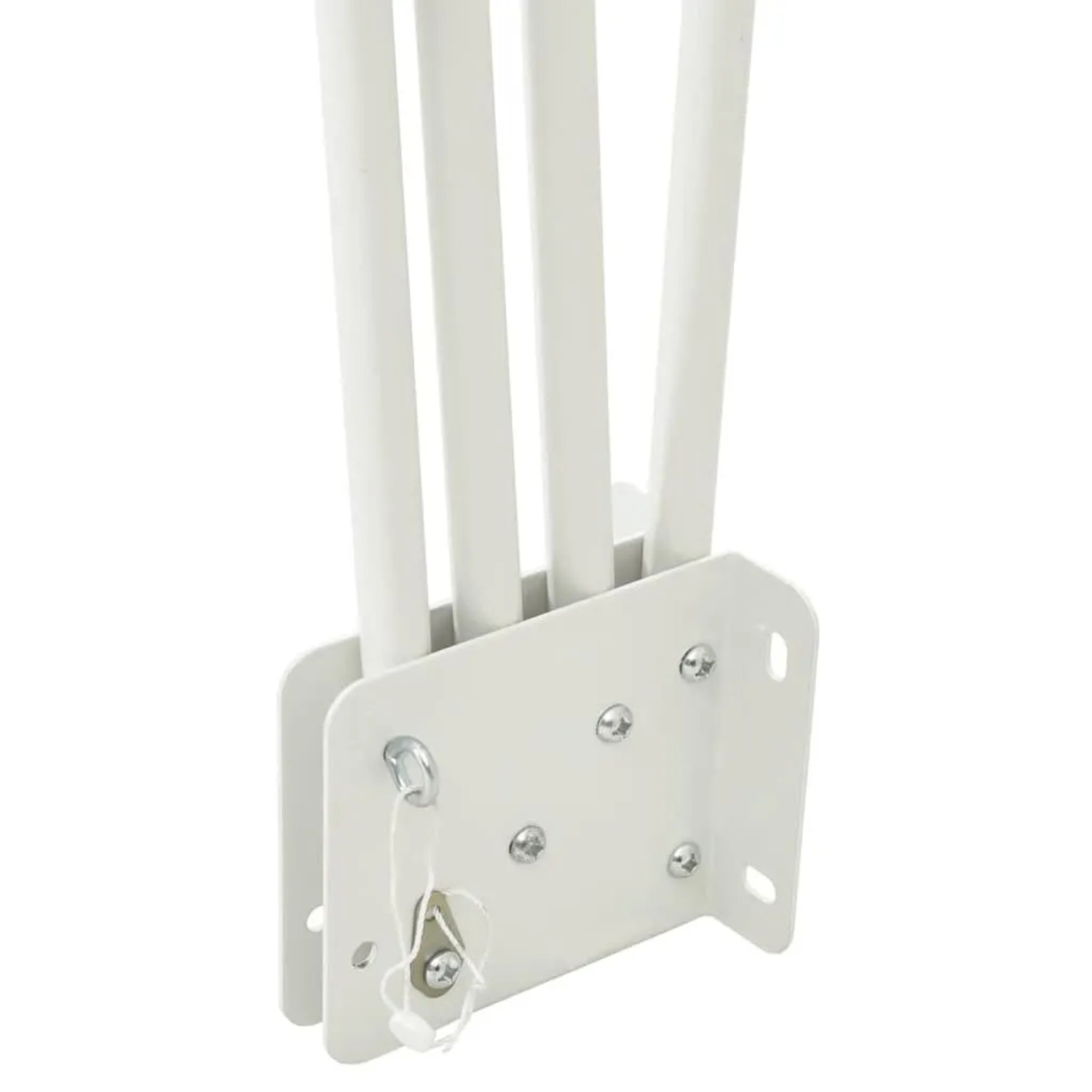 Weißer Metallrahmen und Verstellmechanismus des vidaXL Balkon Sichtschutzes. Detailansicht mit Stangen und Sicherungsstift.