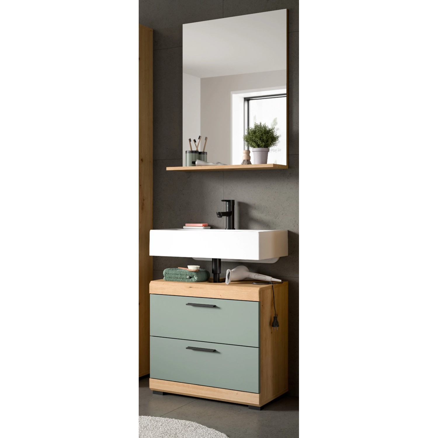 Inn.Furn Badmöbel Set in Grün und Eiche 2-teilig 60 cm Shawn günstig online kaufen