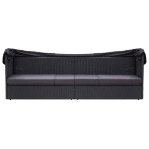 Schwarzes Outdoor-Sofabett mit Dach aus Poly-Rattan. Sonnenliege für Garten und Terrasse.