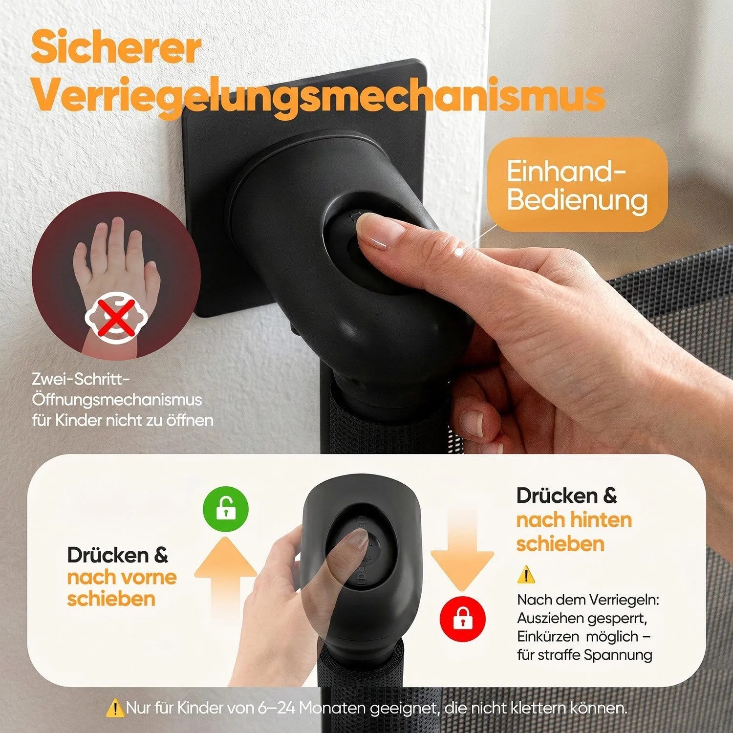 Schwarzer Verriegelungsmechanismus des Sekey Treppenschutzgitters. Hand bedient Einhand-Kindersicherung für Treppe & Tür.