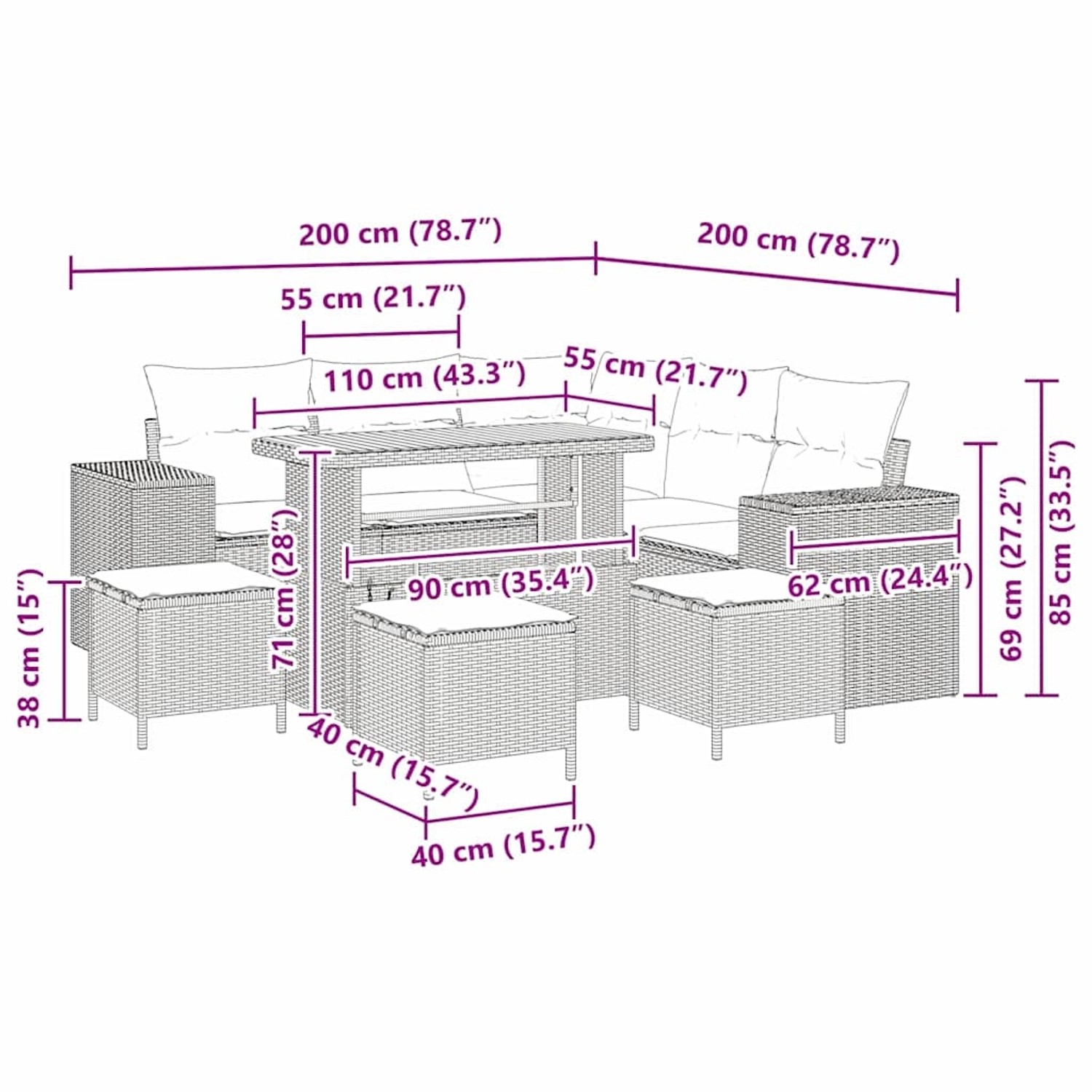 vidaXL Gartenmöbel-Set, 9-teilig, beige Poly Rattan, mit Sofa, Tisch und Hockern. Abmessungen siehe Bild.