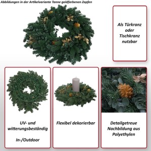 Künstlicher Tannen-Kranz Ø 45cm aus Polyethylen mit goldenen Zapfen und Kerzenhaltern. Weihnachtsdekoration für Tür/Tisch.