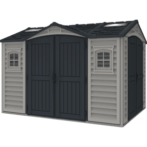 Duramax Kunststoff-Gartenhaus (3,3x2,5m) in Grau mit Satteldach und Doppeltür.
