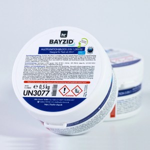Bayzid Multiblock 5in1, 500g für Pools ab 50m³ zur Desinfektion und Pflege. Weißer Behälter mit blauem Aufdruck.