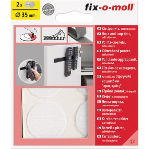 Fix-o-moll Klettpunkte, 4 Sets, selbstklebend, 35mm, weiß. Ideal zum Befestigen leichter Gegenstände.