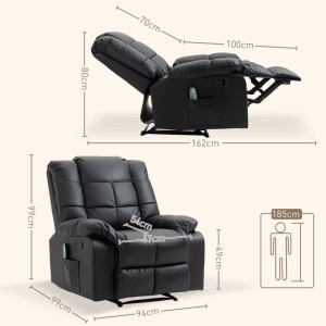 Schwarzer elektrischer Massagesessel aus Kunstleder, aufrecht und zurückgelehnt. Komfortabler Loungesessel.