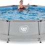 Grauer EXIT Soft Grey Pool ø 360 cm mit Filterpumpe und spielenden Kindern im Wasser.