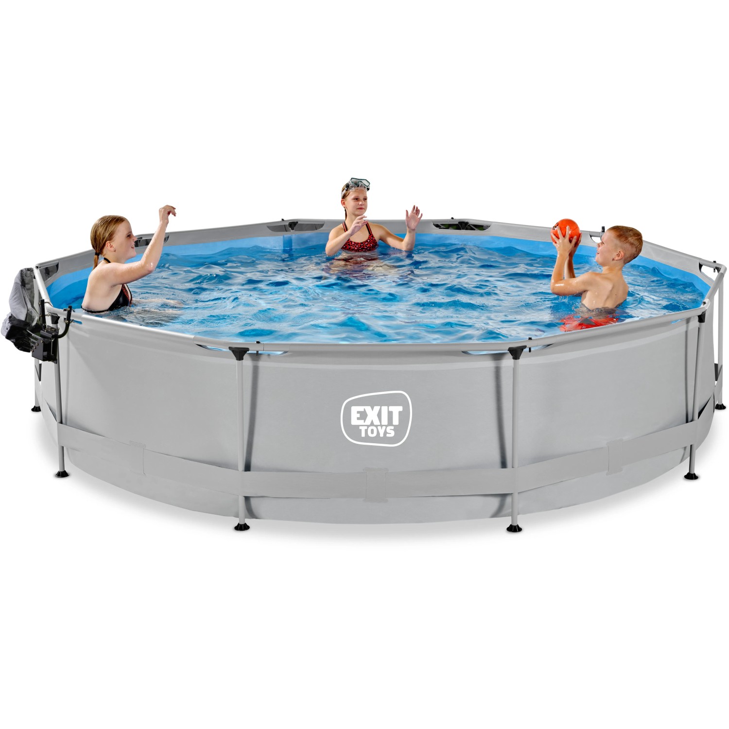 Grauer EXIT Soft Grey Pool ø 360 cm mit Filterpumpe und spielenden Kindern im Wasser.