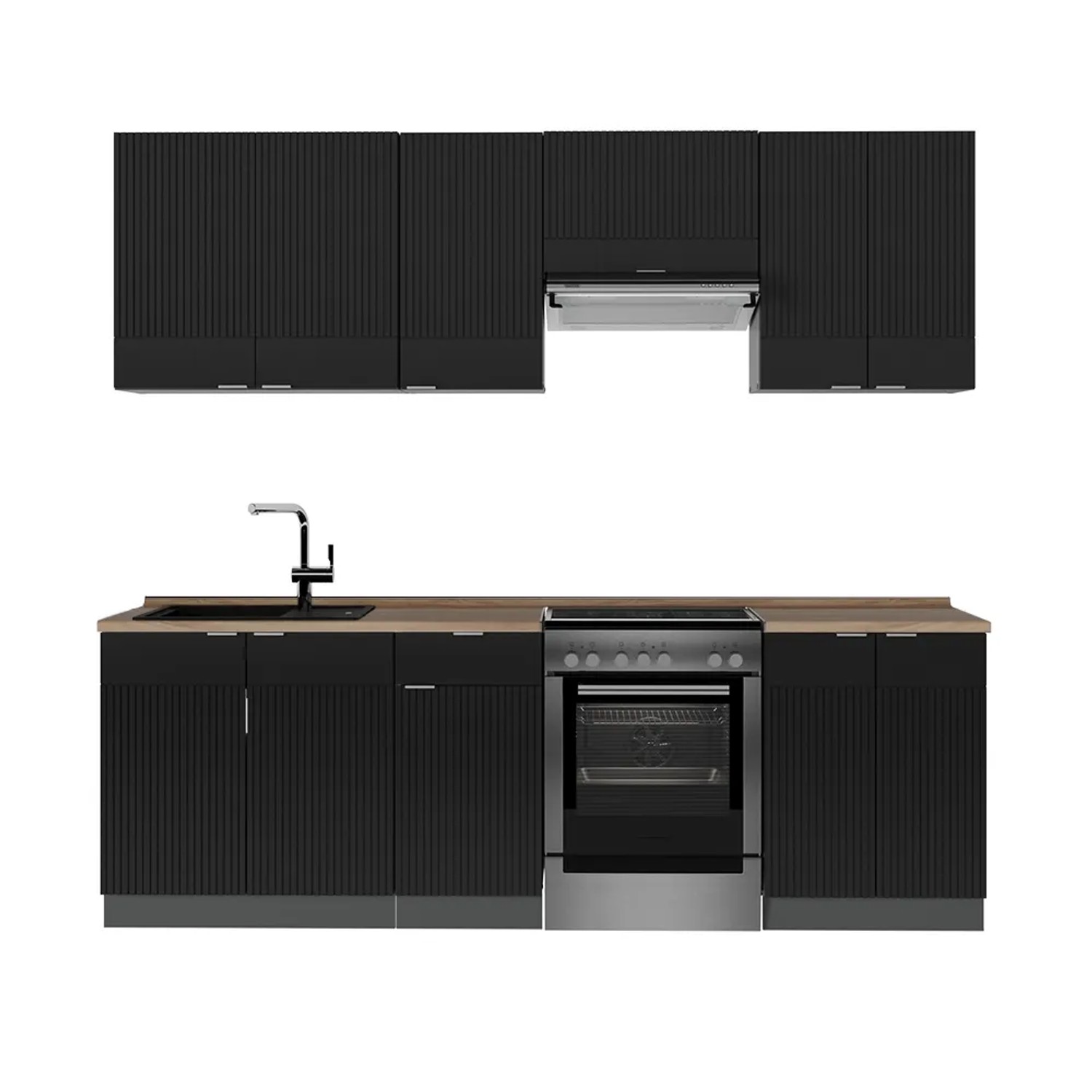 Vicco Fame-Line Küchenzeile Schwarz gestreift/Anthrazit 240 cm AP Eiche ohne E-Geräte