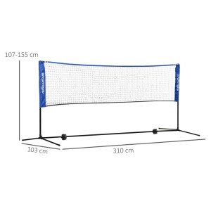 SPORTNOW Badmintonnetz, blau-weiß, höhenverstellbar 107-155 cm, 310 cm lang, mit schwarzem Metallständer.