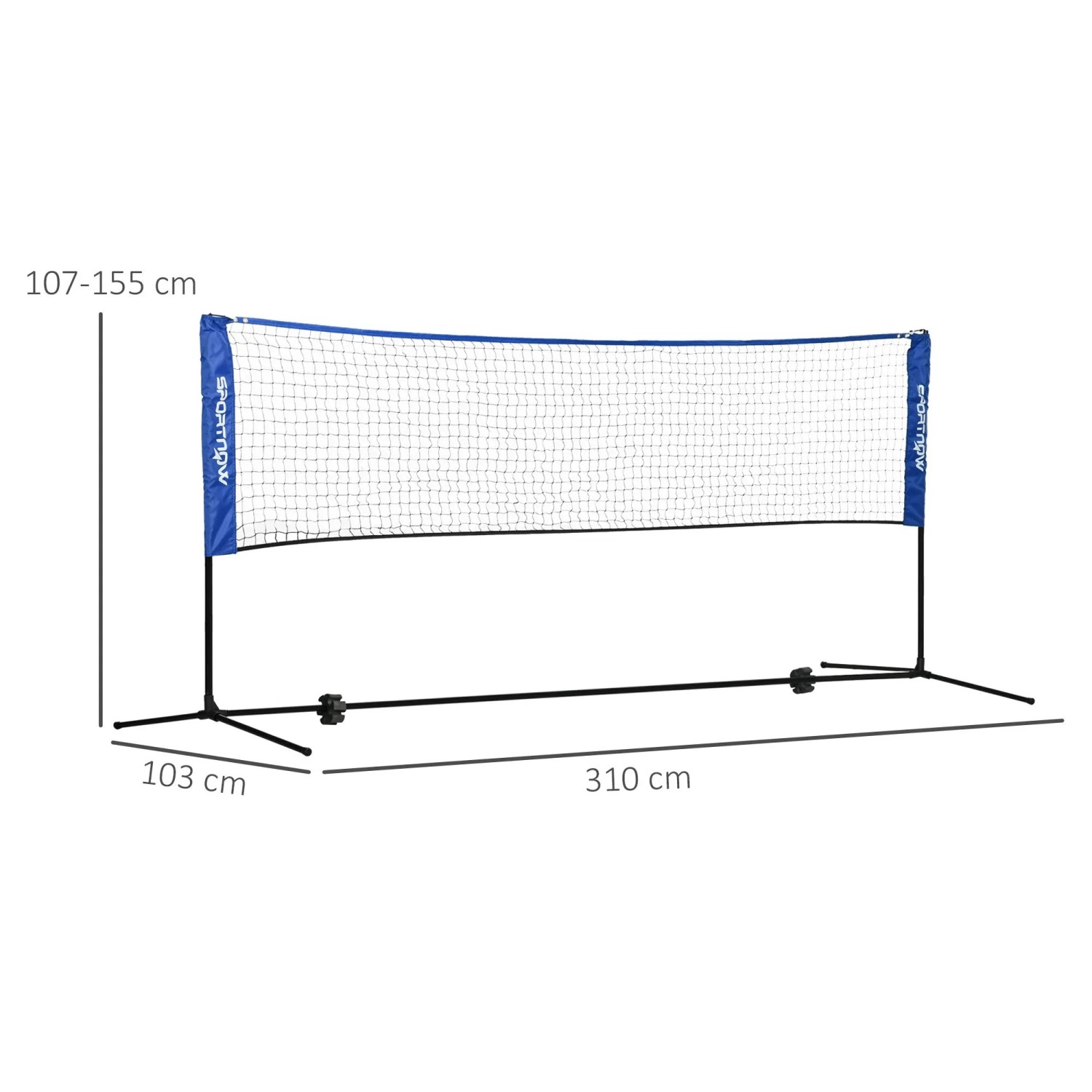 SPORTNOW Badmintonnetz, blau-weiß, höhenverstellbar 107-155 cm, 310 cm lang, mit schwarzem Metallständer.
