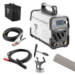 STAHLWERK ARC 200 ST Digital Schweißgerät mit Zubehör wie Elektroden, Massekabel und Elektrodenhalter.