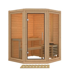 Karibu Sauna Ebba, naturbelassene Massivholzsauna mit Glaselementen und Holzbodenrost.