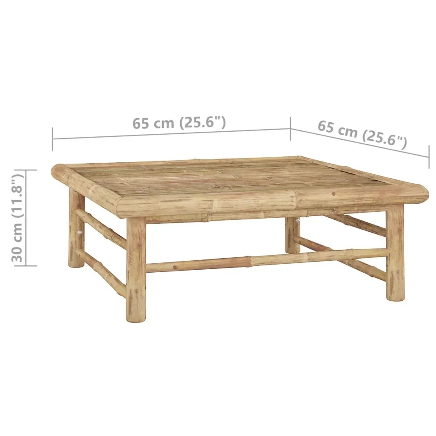 Quadratischer Tisch aus Bambus, Teil des vidaXL Garten-Lounge-Sets.