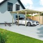 Holz-Carport mit Flachdach und Auto. Einzelcarport aus Nadelholz, kesseldruckimprägniert, für Wetterschutz.