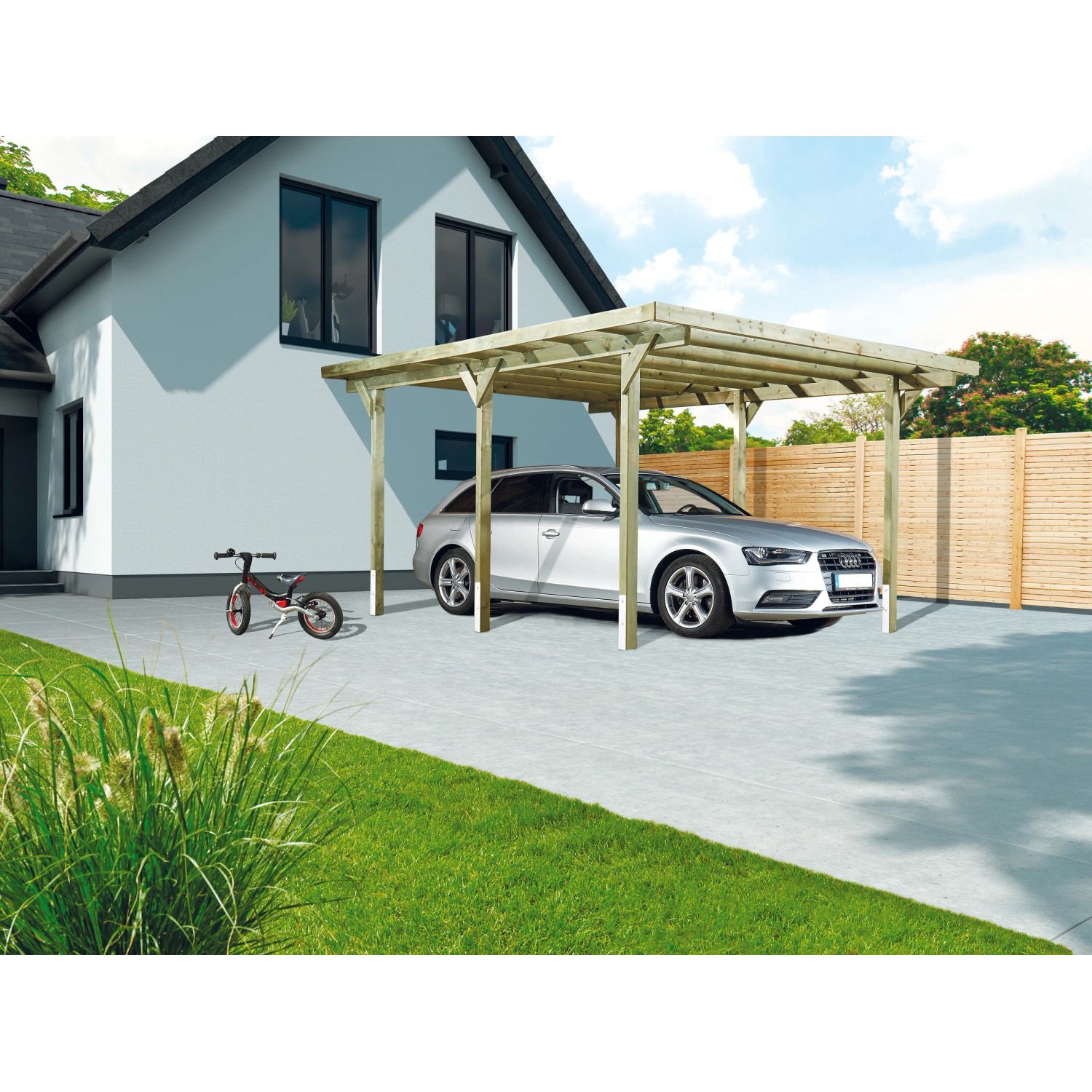 Holz-Carport mit Flachdach und Auto. Einzelcarport aus Nadelholz, kesseldruckimprägniert, für Wetterschutz.