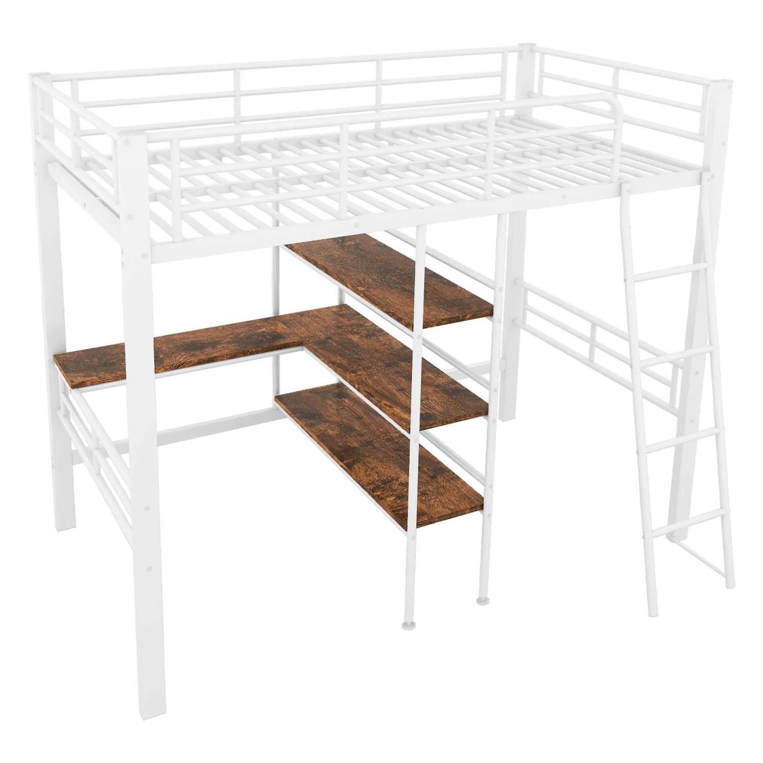 KOMHTOM Hochbett 90x200Cm Mit Schreibtisch Mehrere Regale Geländer Und Leiter Eisenrahmen Weiß Ohne Matratze