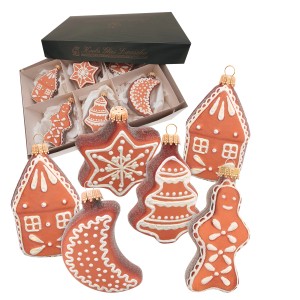 Set aus 6 braunen Glas-Weihnachtsbaumschmuck in Lebkuchen-Formen: Stern, Mond, Baum, Haus, Mann. Detailreich verziert.
